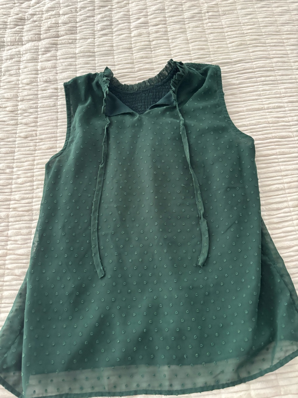 Amazon Forest Green Sleeveless Swiss Dot Tie-Neck Blouse